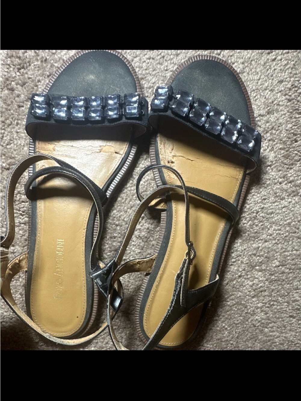 Enzo Angiolini Black Sandals with Clear Jewel Accents